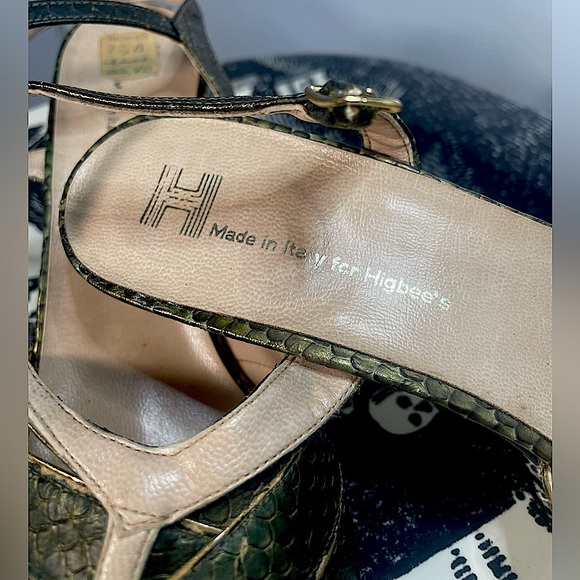 🖤 Vintage 🖤 1980’s 🐍 Higbee’s Green Snakeskin Leather Gold 7 1/2 Strappy 🇮🇹 - Picture 6 of 10